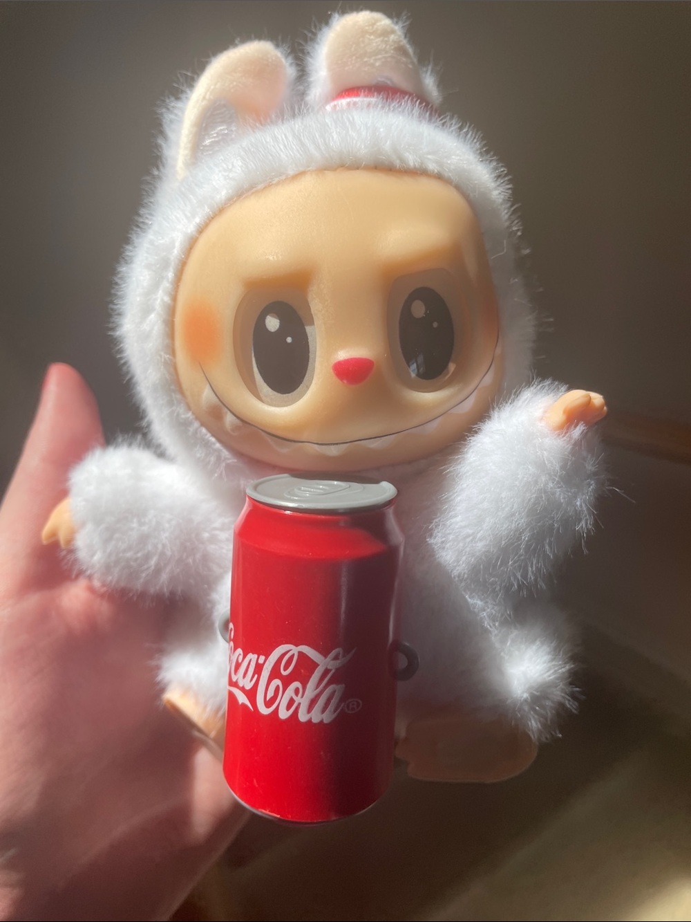 Authentic pop mart labubu cola Adorable White Fuzzy Bunny Doll with Red Soda Can